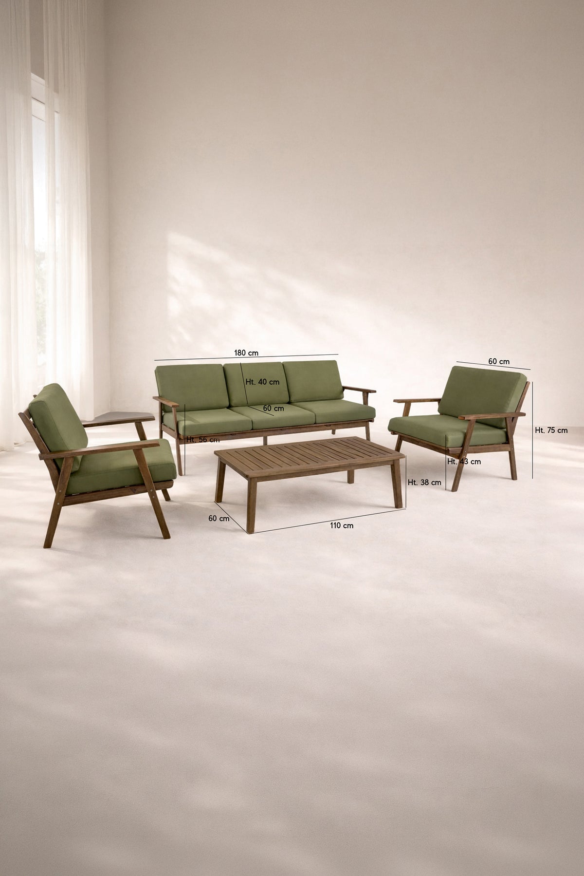 Dimensions Palau - Salon de jardin en bois d'acacia naturel et tissu vert