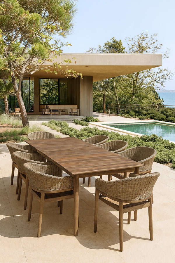 Alhambra - Ensemble table de jardin avec 8 fauteuils en résine tressée et bois d'acacia