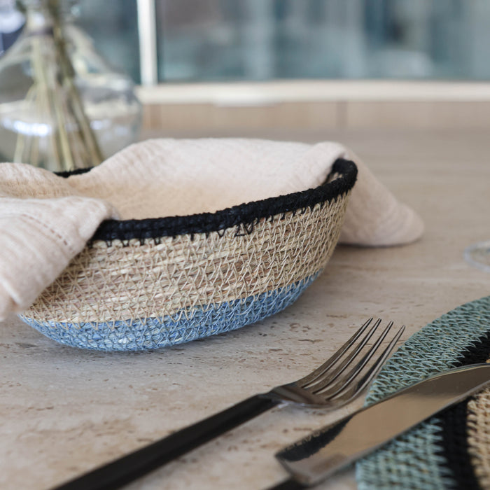 Panier ovale Dune en jonc de mer naturel bleu D20x14xH7 cm