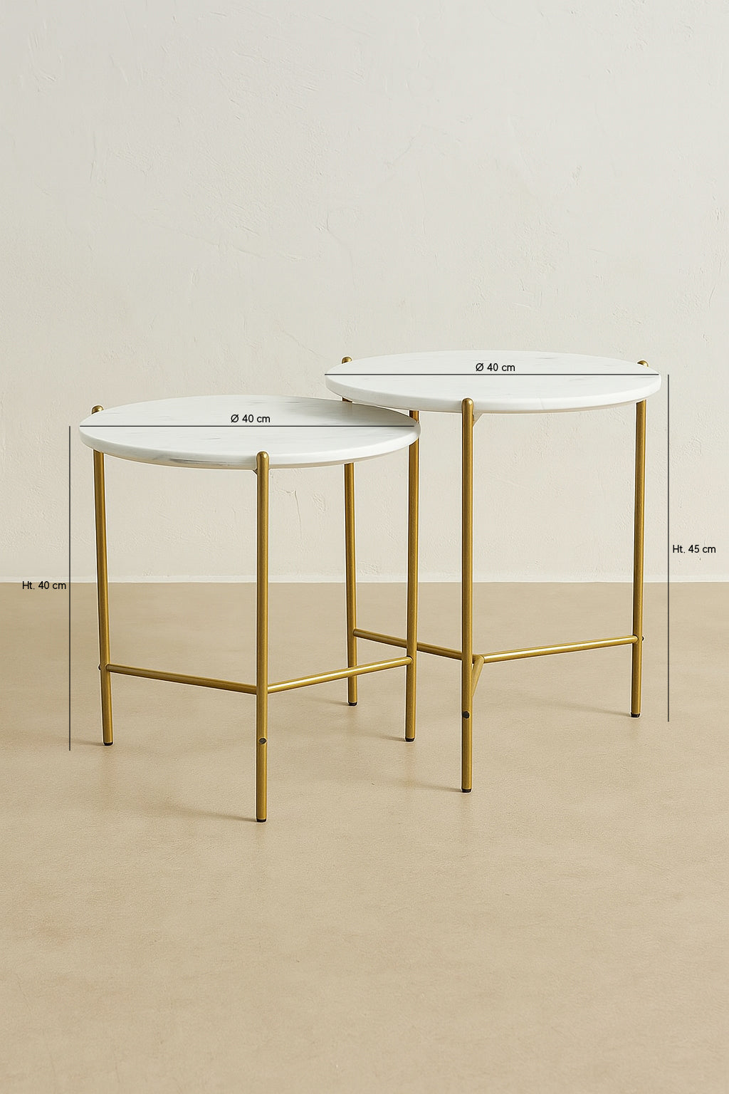 Dimensions Shiap - Set de 2 tables basses rondes effet marbre blanc et ses pieds en métal doré mat