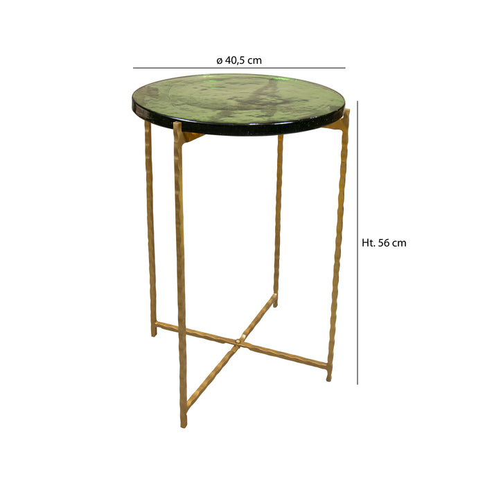 Table Belli en métal martelé doré et plateau en verre vert