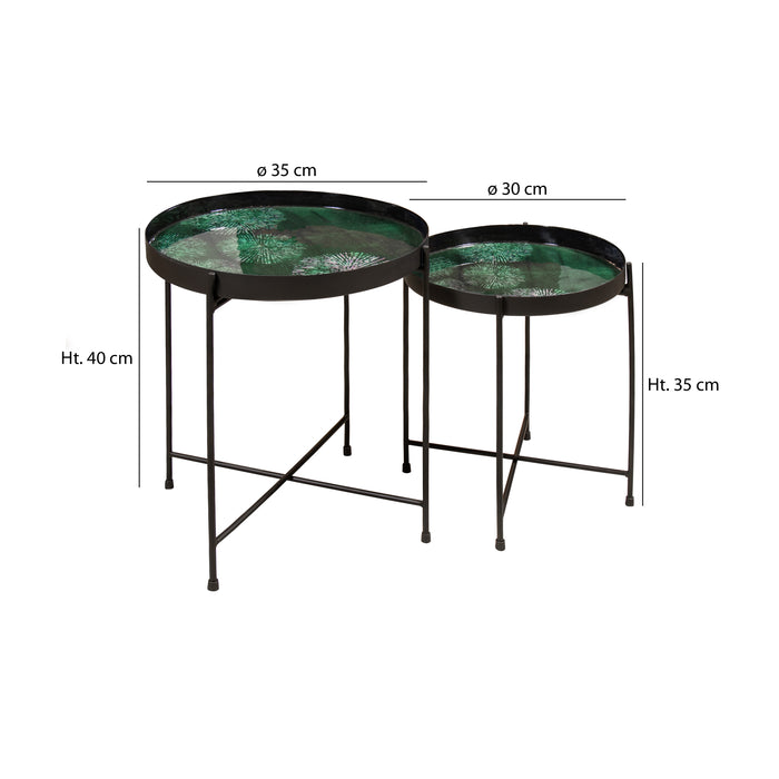 Set de 2 tables d'appoint GELA en métal avec plateau émaillé vert