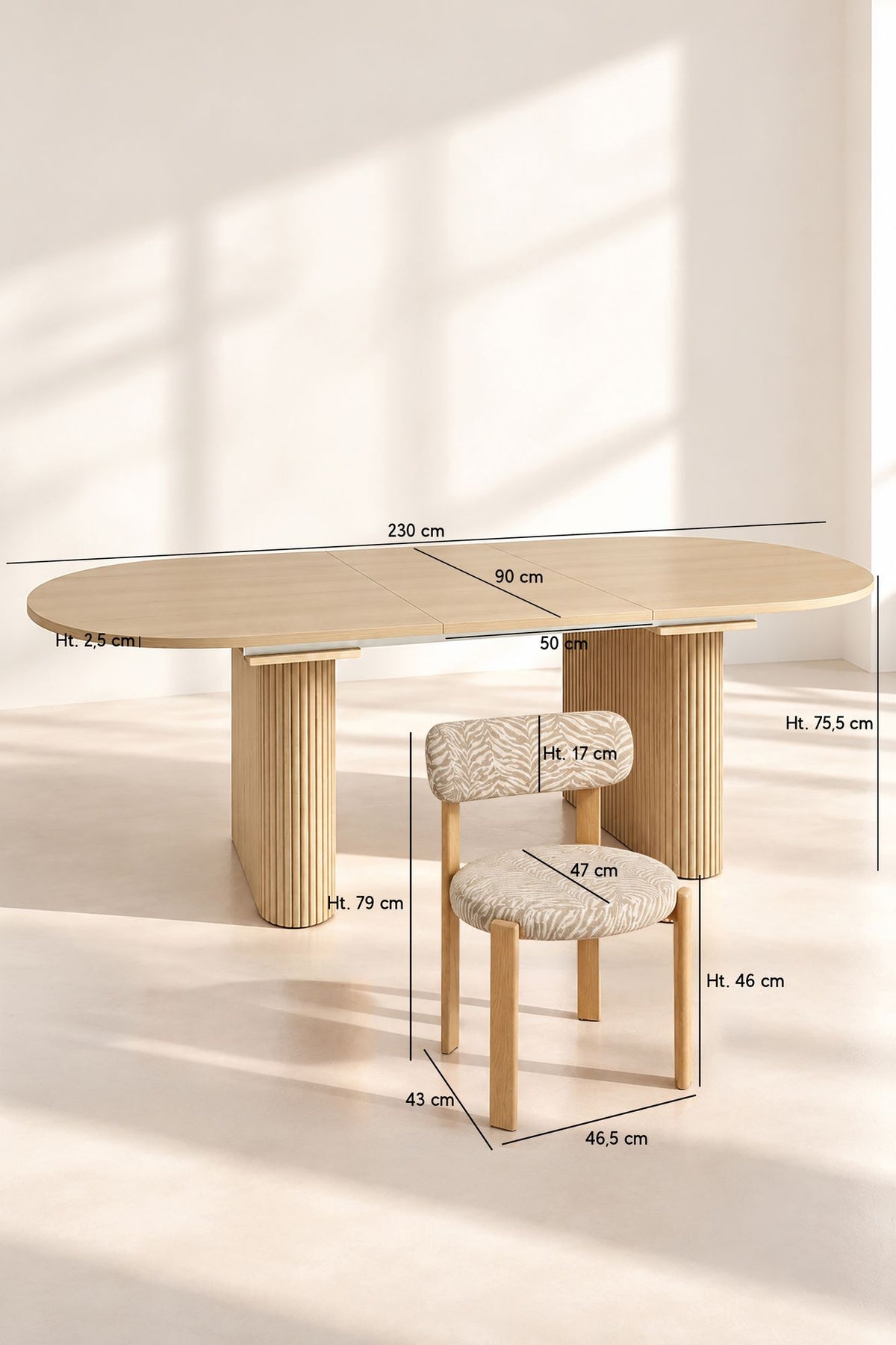 Dimensions LILY - Ensemble table extensible 230cm effet bois et 6 chaises en tissu zébré beige