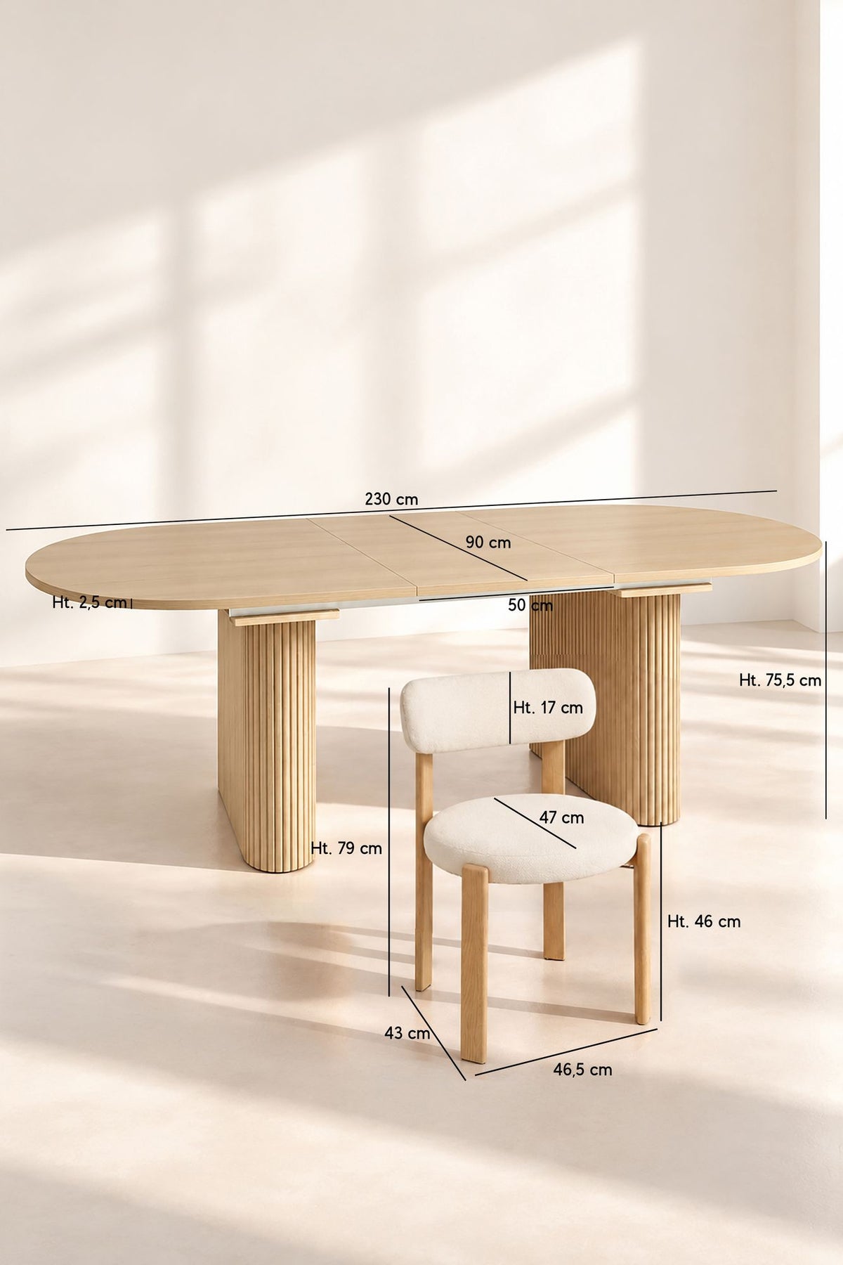 Dimensions LILY - Ensemble table extensible 230cm effet bois et 6 chaises en tissu écru