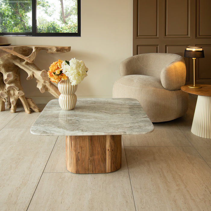 Table basse Bergen avec plateau en marbre naturel et pied en bois d'acacia naturel 80x80x36 cm