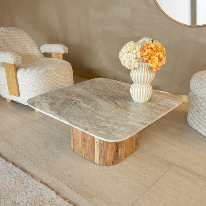 Table basse Bergen avec plateau en marbre naturel et pied en bois d'acacia naturel 80x80x36 cm