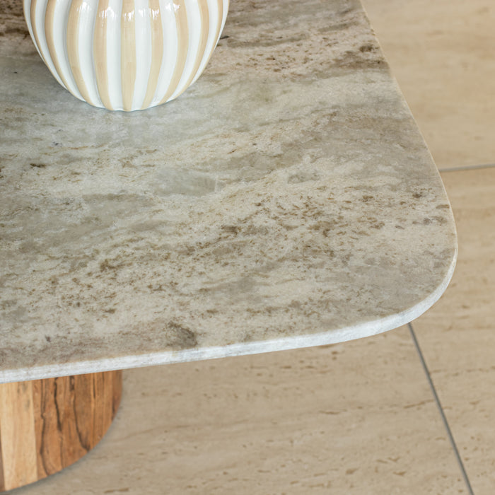 Table basse Bergen avec plateau en marbre naturel et pied en bois d'acacia naturel 80x80x36 cm