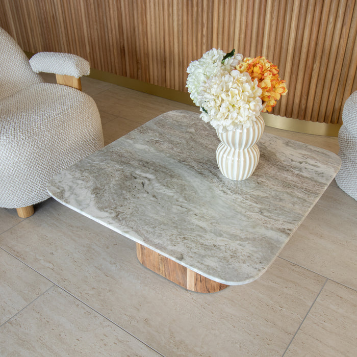 Table basse Bergen avec plateau en marbre naturel et pied en bois d'acacia naturel 80x80x36 cm