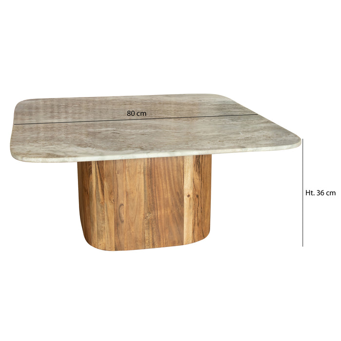 Table basse Bergen avec plateau en marbre naturel et pied en bois d'acacia naturel 80x80x36 cm