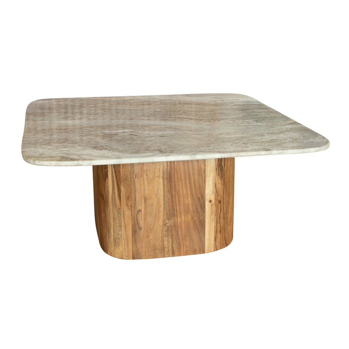 Table basse Bergen avec plateau en marbre naturel et pied en bois d'acacia naturel 80x80x36 cm