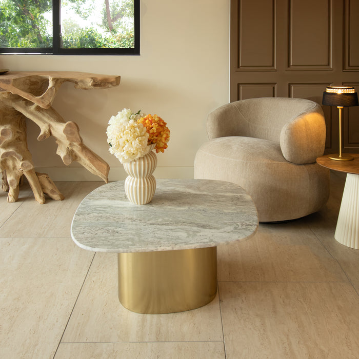 Table basse Fedje avec plateau en marbre naturel et pied en métal doré 80x73x33 cm