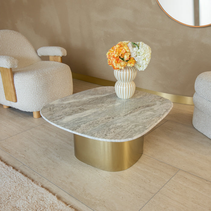 Table basse Fedje avec plateau en marbre naturel et pied en métal doré 80x73x33 cm