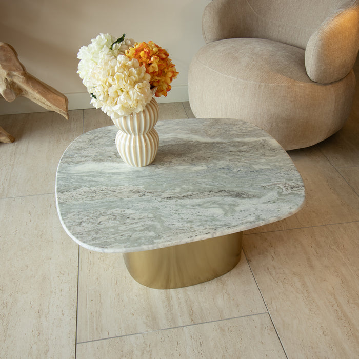 Table basse Fedje avec plateau en marbre naturel et pied en métal doré 80x73x33 cm