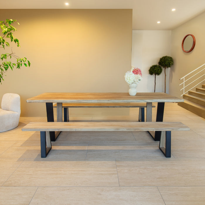 Ensemble table et bancs Hera en bois de pin et acacia 235 cm