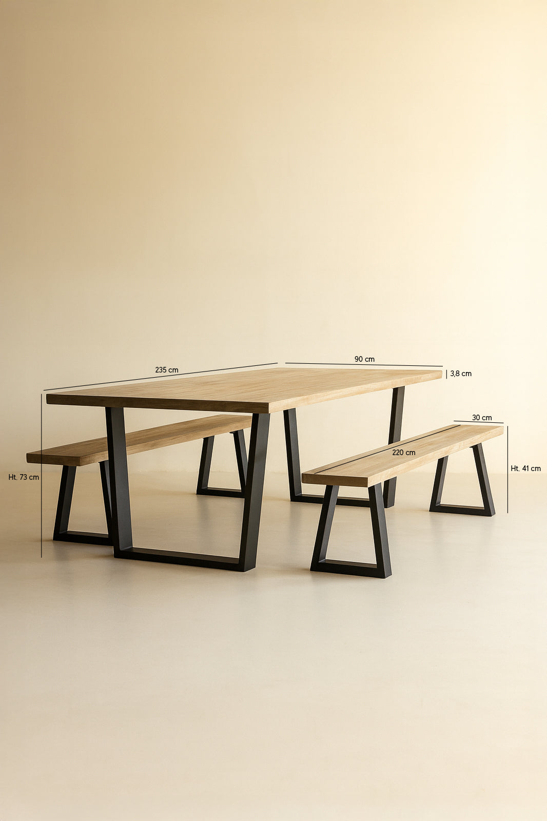 Dimensions Hera - Ensemble table et bancs en bois de pin et acacia 235 cm