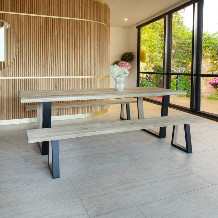 Lot de 2 bancs Hera en bois de pin et acacia avec pieds en métal 220x30x41 cm