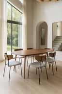 Riva - Table en bois de noyer et 6 chaises en velours côtelé écru