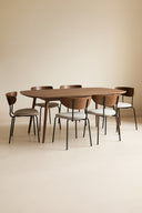 Riva - Table en bois de noyer et 6 chaises en velours côtelé écru