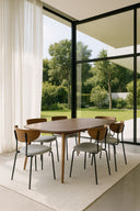 Ensemble table à manger rectangulaire 200x90cm en bois effet noyer Callao et 6 chaises en velours côtelé écru Riva