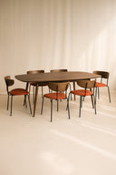 Riva - Table en bois de noyer et 6 chaises en velours côtelé terracotta