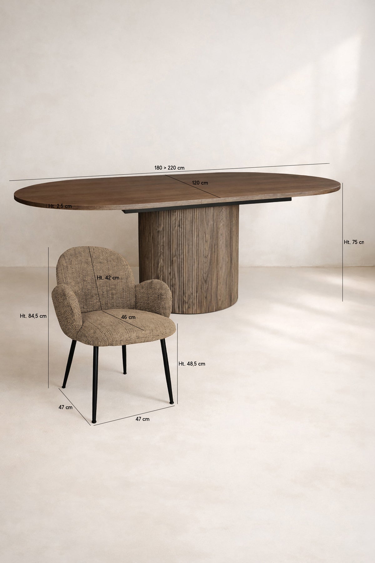 Dimensions Sierra - Ensemble table extensible en bois de noyer et 6 chaises Ginette