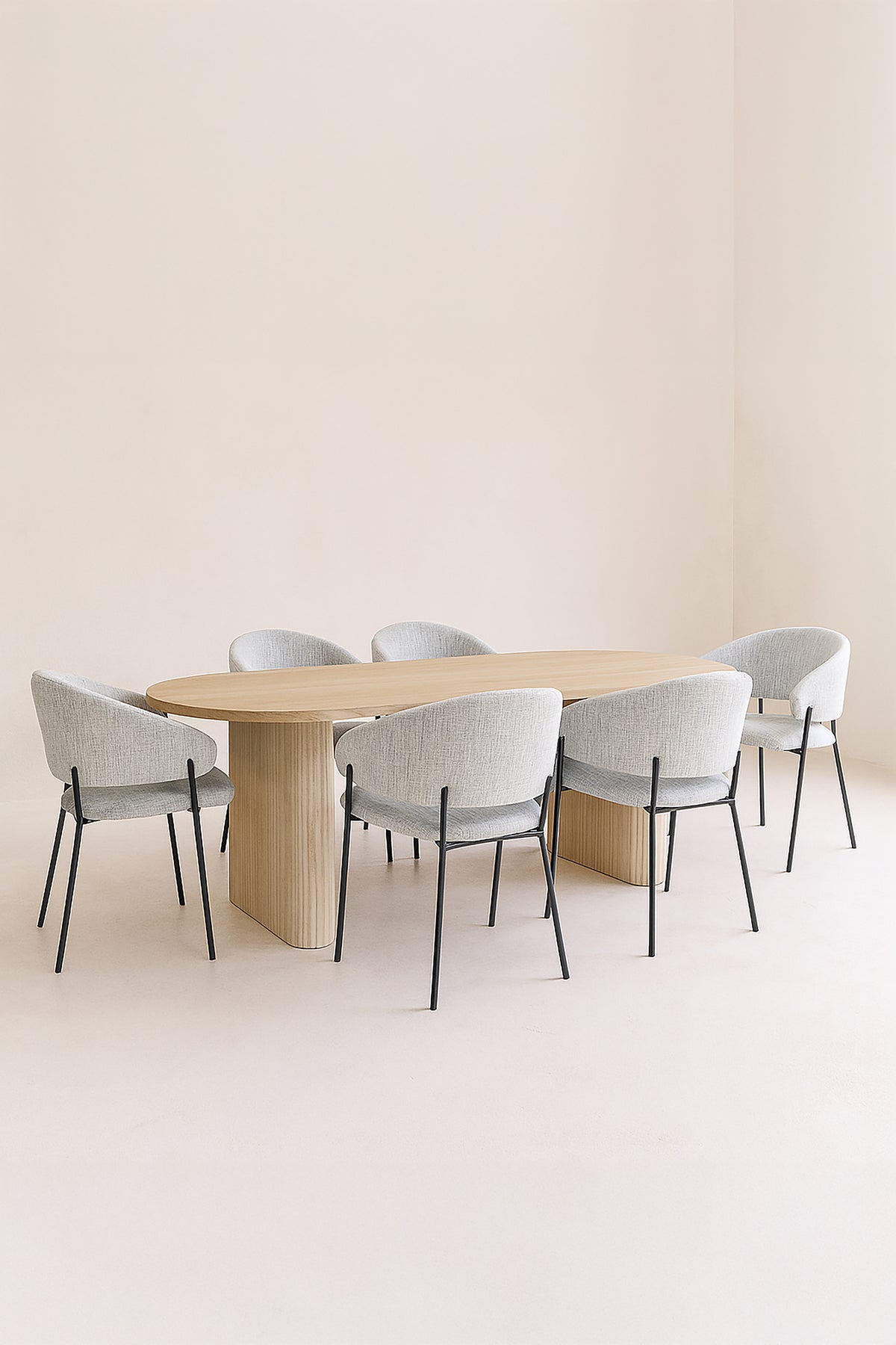Dimensions Ensemble table à manger ovale 220x90cm en bois effet naturel Quito et 6 fauteuils beige Eros