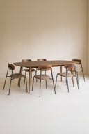 Ensemble table à manger rectangulaire 200x90cm en bois effet noyer Callao et 6 chaises en tissu marron Gaston