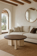 Amber - Table basse ronde effet travertin naturel et noyer