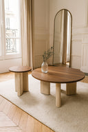 Amber - Table basse ronde effet travertin naturel et noyer