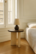 Amber - Meuble d'appoint rond effet travertin naturel et noyer