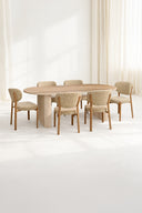 Ensemble table ovale QUITO 220cm en bois effet naturel et 6 chaises en tissu beige SUZIE