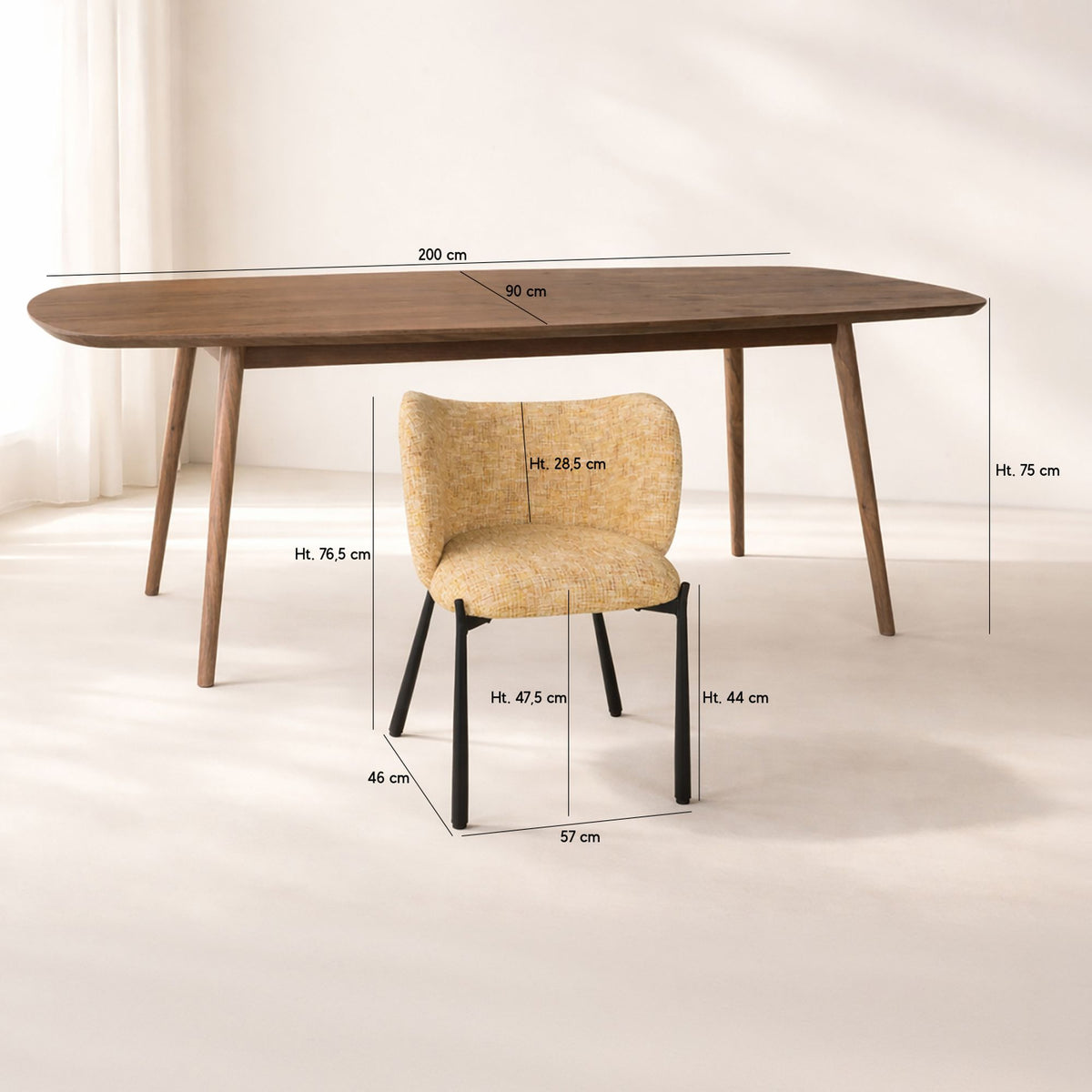 Dimensions Ensemble table à manger rectangulaire 200x90cm en bois effet noyer Callao et 6 fauteuils ocre suzan