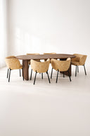 Ensemble table à manger ovale 230x90cm en bois effet noyer Selma et 6 fauteuils en tissu ocre suzan