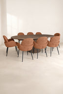 Ensemble table à manger ovale extensible 180-220x120cm en bois effet noyer Sierra et 6 fauteuils terracotta ginette