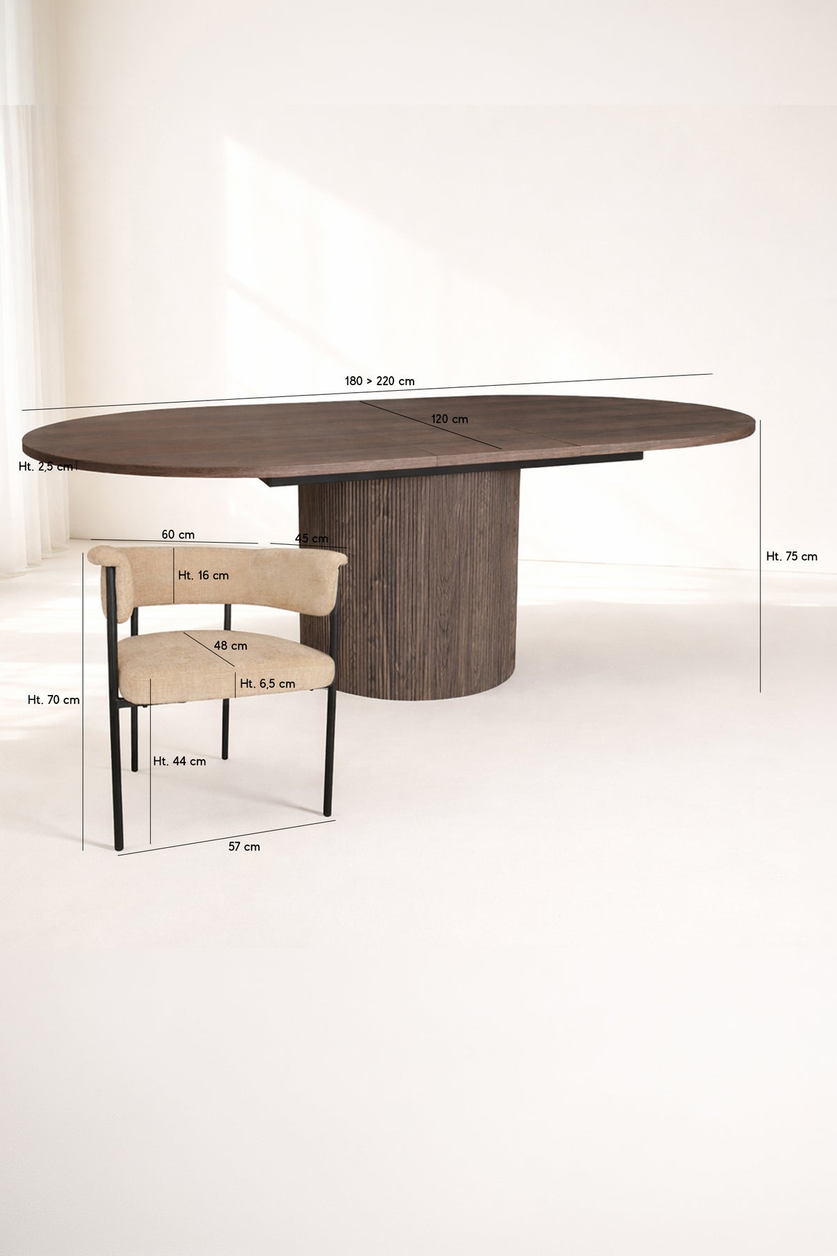 Dimensions Ensemble table à manger ovale extensible 180-220x120cm en bois effet noyer Sierra  et 6 fauteuils beige colette