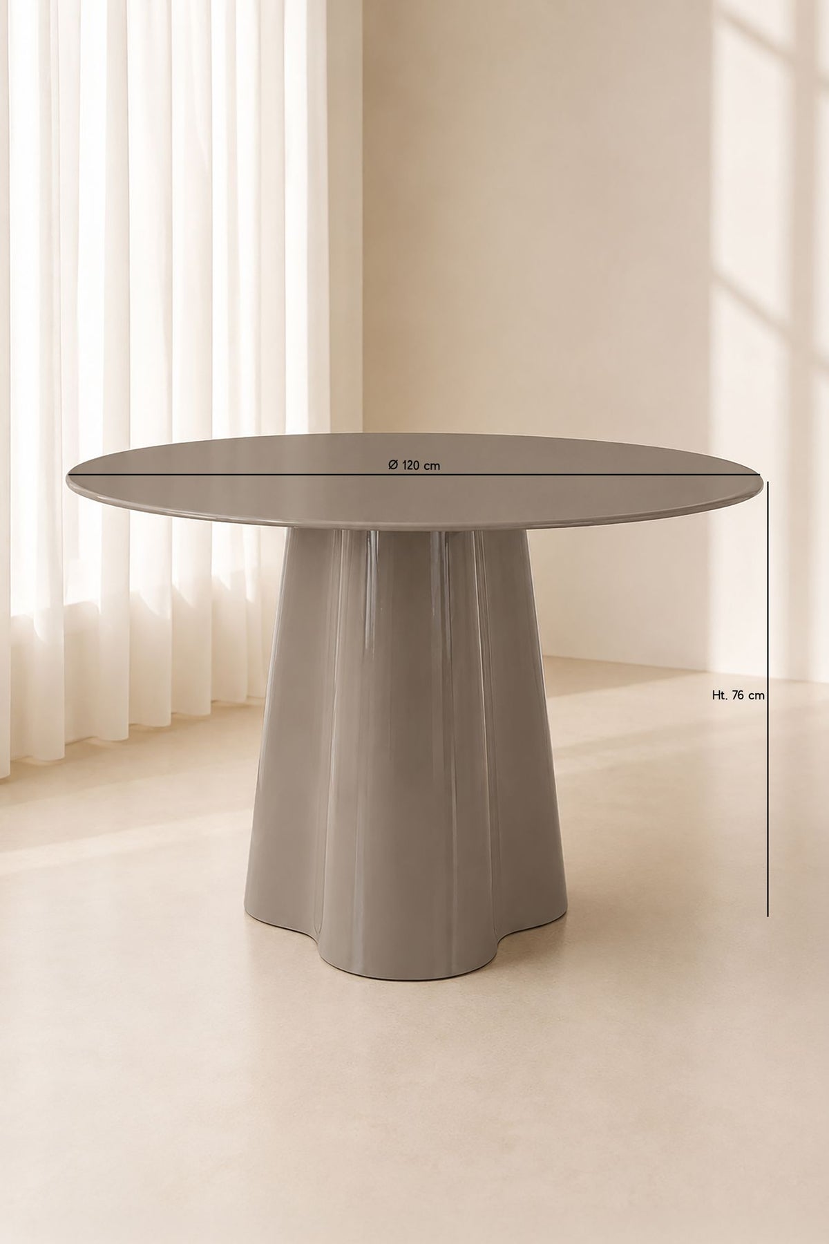 Dimensions Iris - Table à manger ronde 120cm en verre et pied effet teck cappucino