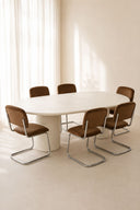 Féline - Ensemble table ovale 220cm effet ciment et 6 chaises en tissu tabac