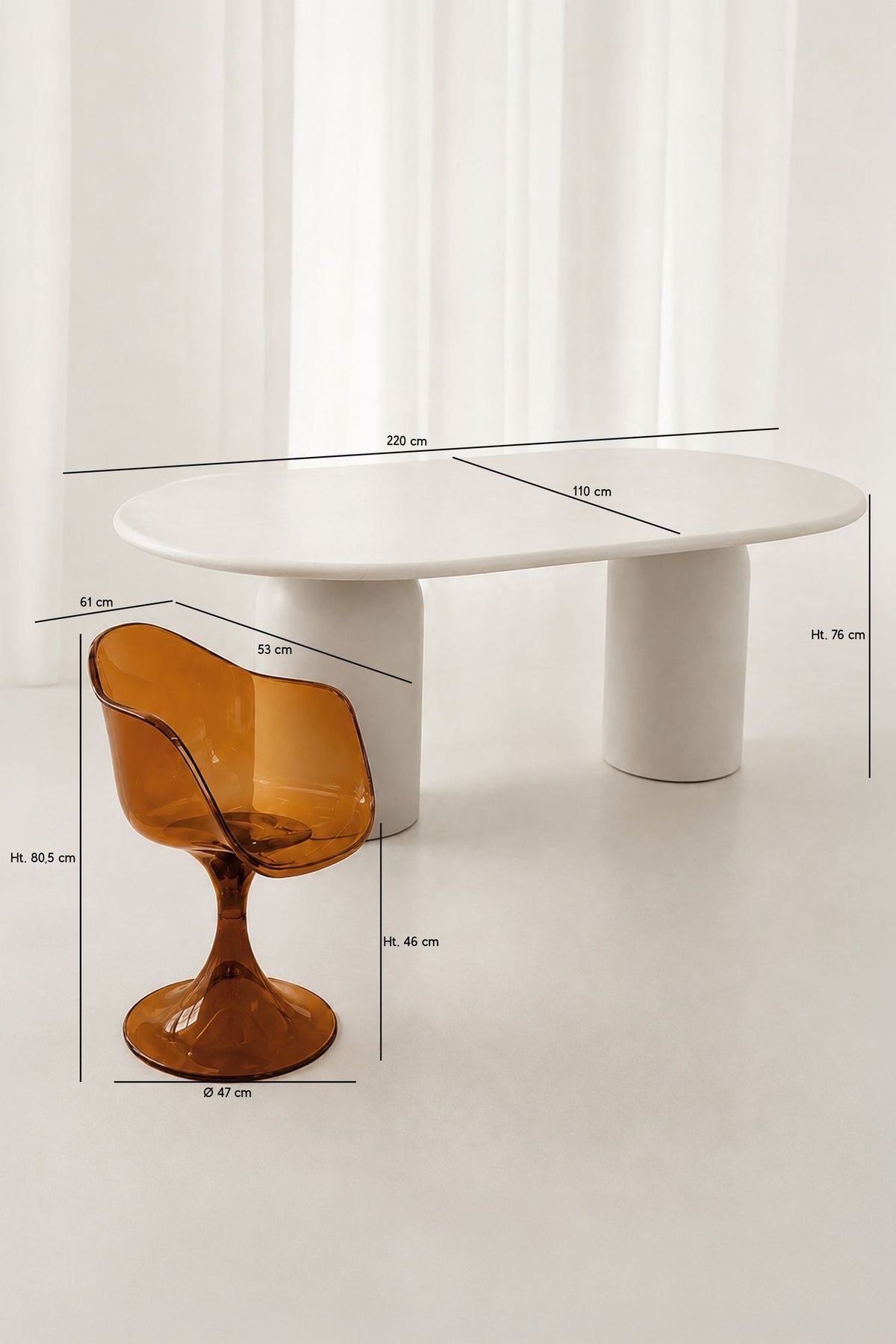 Dimensions Glam - ensemble table ovale 220cm effet ciment crème et 6 fauteuils ambre