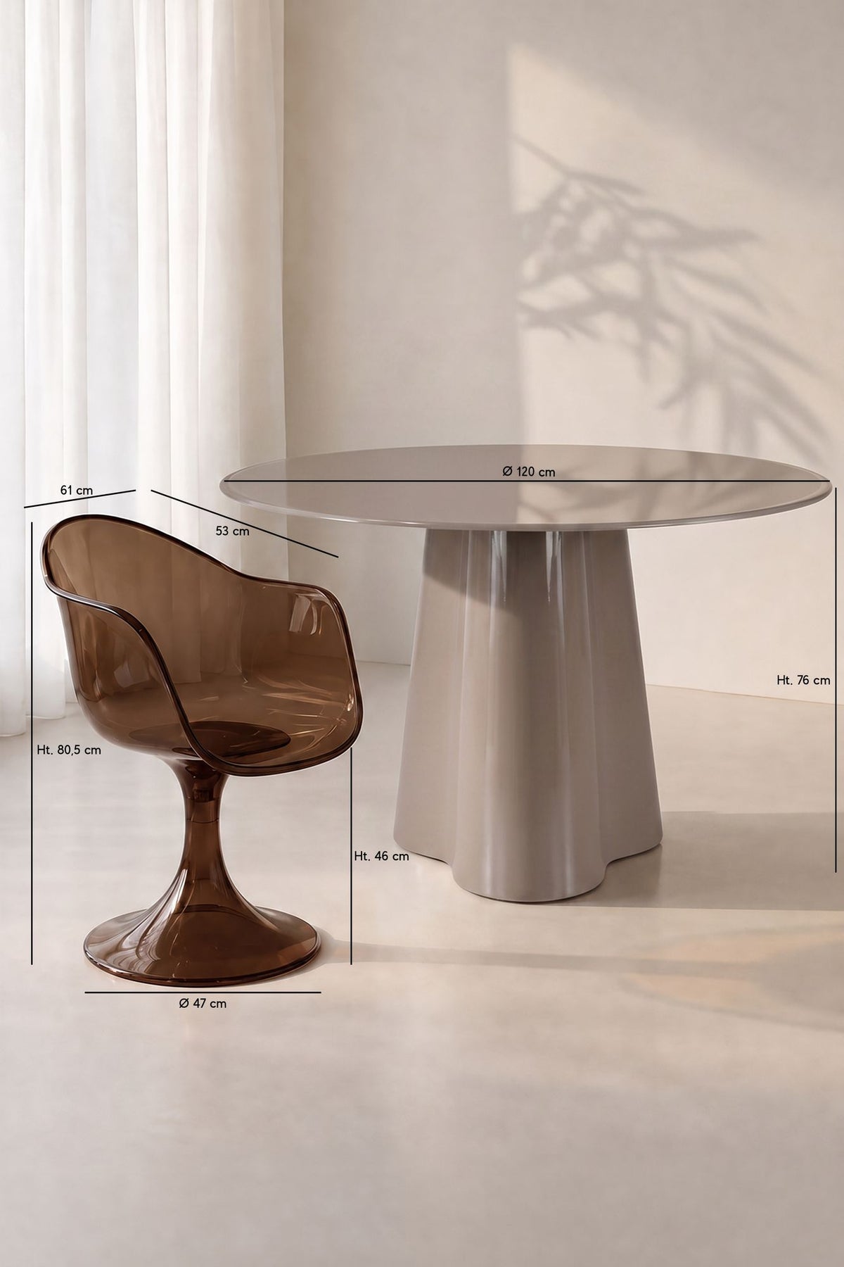 Dimensions GLAM - Ensemble table ronde 120cm en verre cappucino et 4 fauteuils écorce