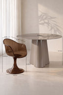 GLAM - Ensemble table ronde 120cm en verre cappucino et 4 fauteuils écorce