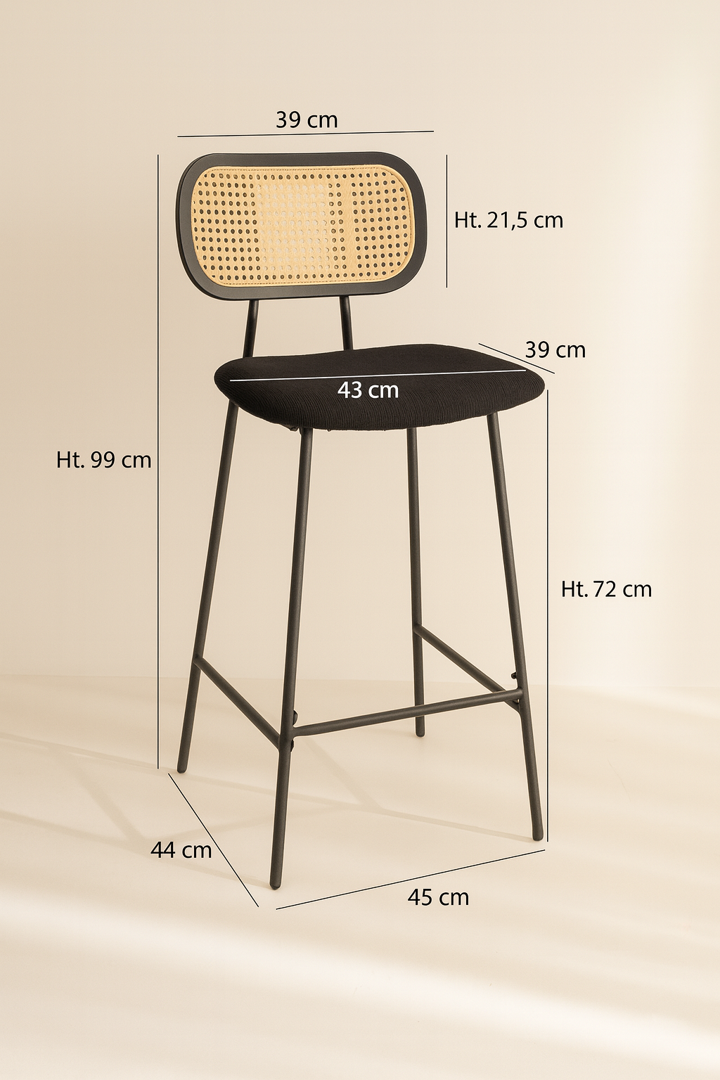 Dimensions Nosara - Lot de 2 chaises de bar en rotin, bois, métal et velours côtelé noir