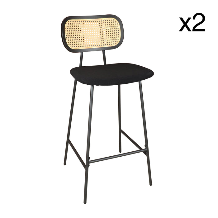 Lot de 2 chaises de bar Nosara en rotin, bois, métal et velours côtelé noir