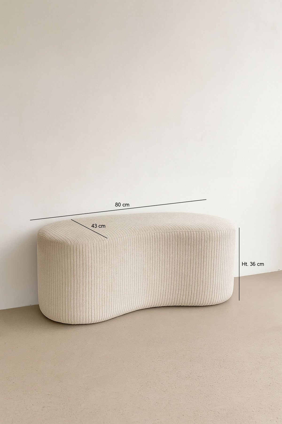 Dimensions Côme - Banc incurvé en tissu velours côtelé et structure en bois beige