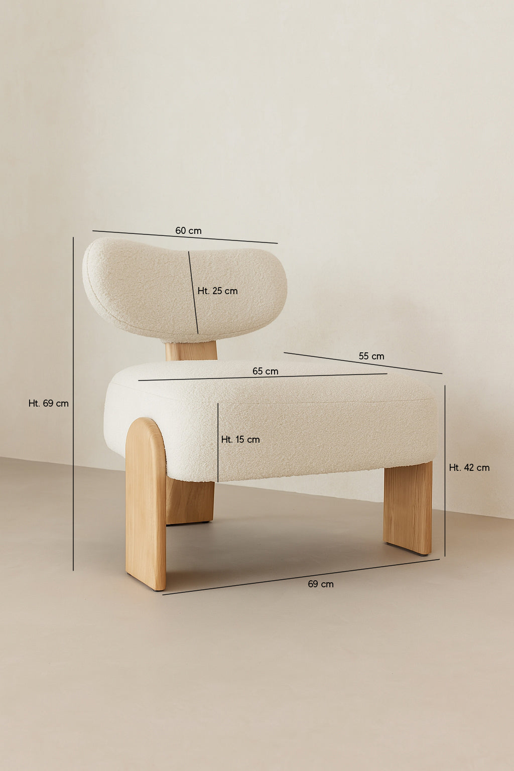 Dimensions Hella - Fauteuil en tissu bouclette blanc