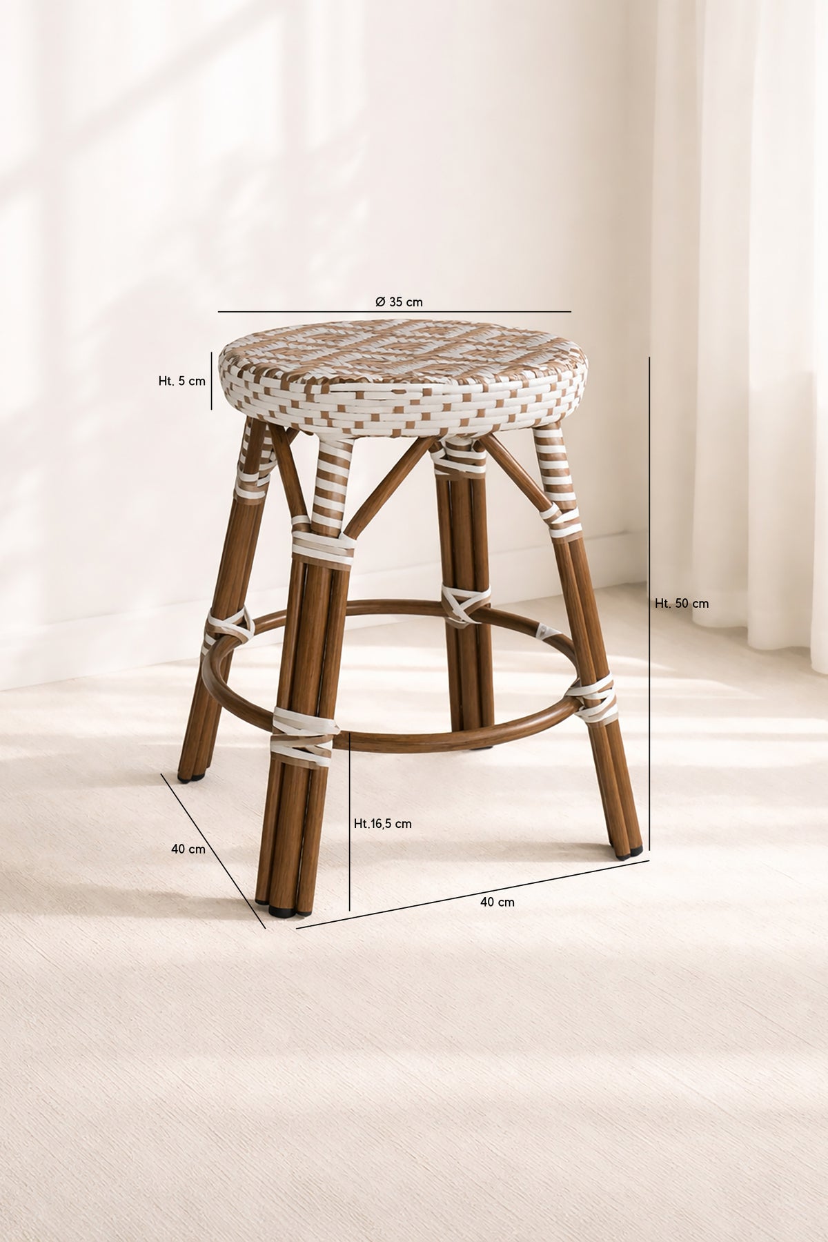 Dimensions Scala - Tabouret bas noisette en aluminium effet rotin couleur noyer