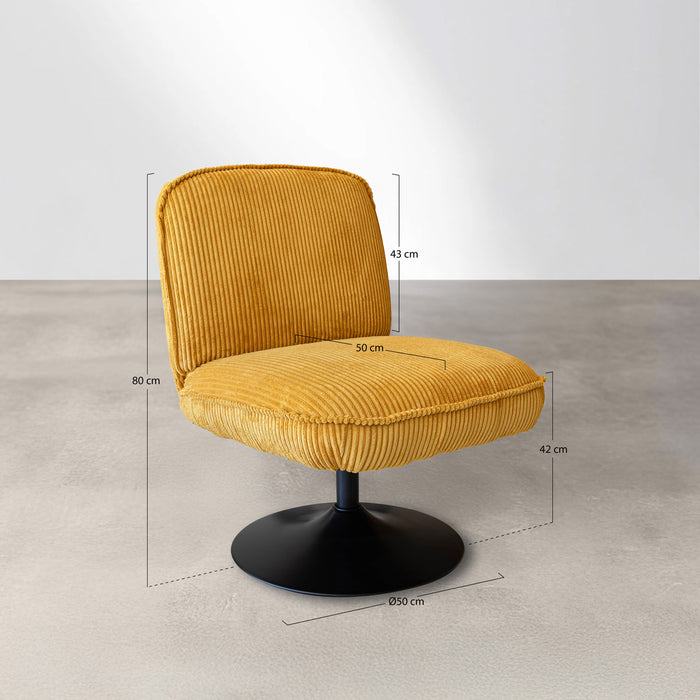 Fauteuil pivotant Funky en velours côtelé safran avec pieds métal noir 62x74x75 cm