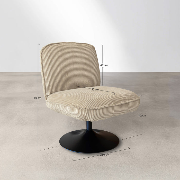 Fauteuil pivotant Funky en velours côtelé beige avec pieds métal noir 62x74x75 cm