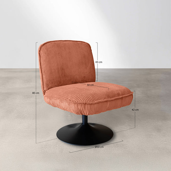 Fauteuil pivotant Funky en velours côtelé terracotta avec pieds métal noir 62x74x75 cm