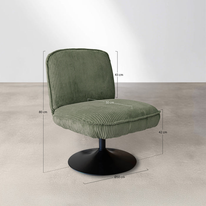 Fauteuil pivotant Funky en velours côtelé vert avec pieds métal noir 62x74x75 cm