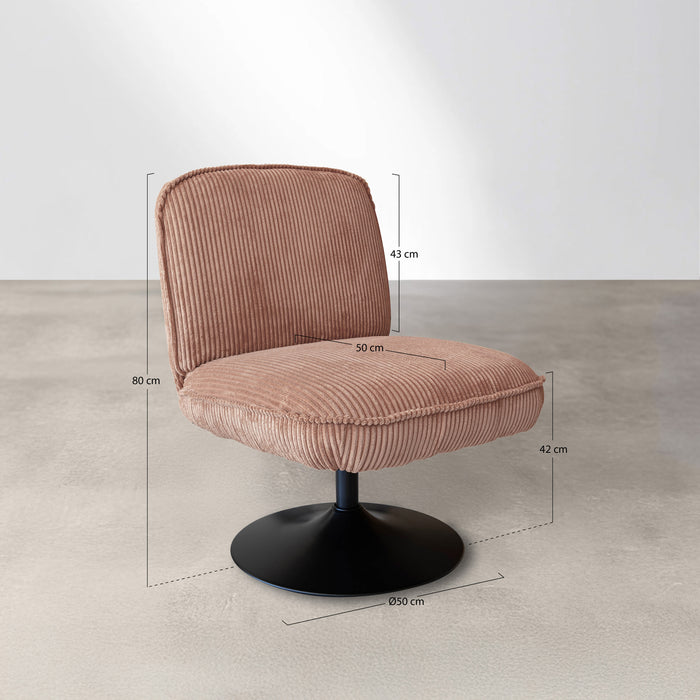 Fauteuil pivotant Funky en velours côtelé rose avec pieds métal noir 62x74x75 cm